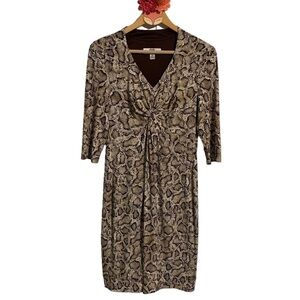 DR Collection dress cream brown black snake print knot front elbow sleeve medium